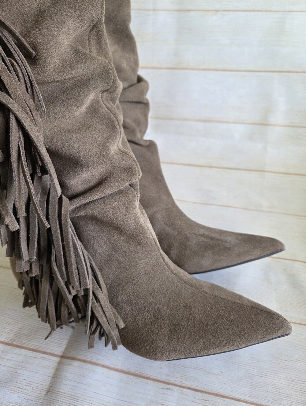 Zara Suede Fringe Ruched Pointy Toe Kitten Heel Boots Boho Brown Tan Size 38 - Picture 11 of 16